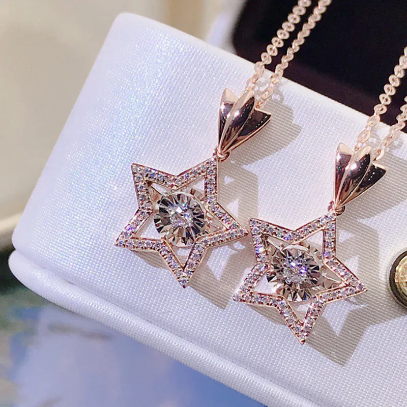 18K Gold 0.115ct Natural Diamond Star Dancing Pendant Necklace Color H, Clarity SI