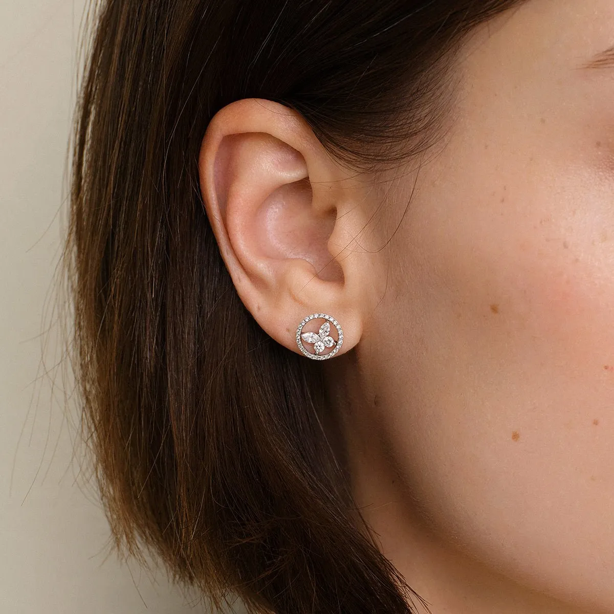 18K Gold Diamond Butterfly Circle Modular Stud Earrings