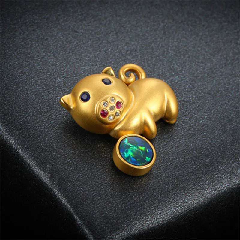 18K Gold Diamond Sapphire Round Cut Natural Opal 13X13MMM Pig Pendant Necklace