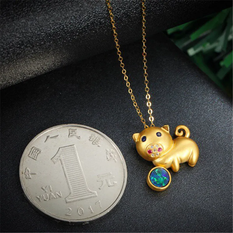 18K Gold Diamond Sapphire Round Cut Natural Opal 13X13MMM Pig Pendant Necklace