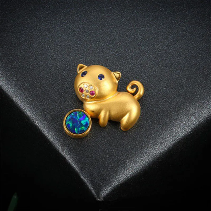 18K Gold Diamond Sapphire Round Cut Natural Opal 13X13MMM Pig Pendant Necklace
