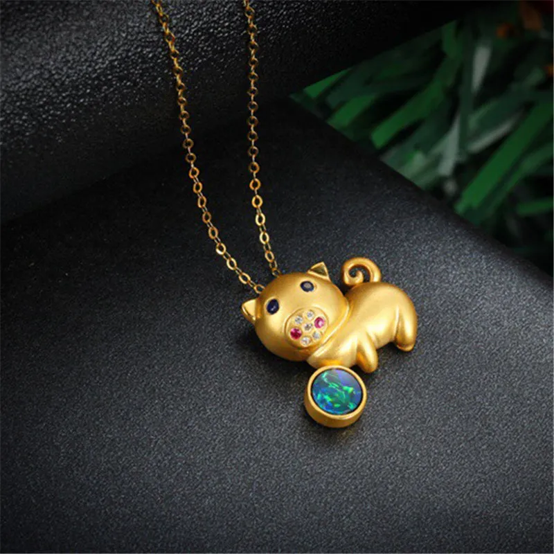 18K Gold Diamond Sapphire Round Cut Natural Opal 13X13MMM Pig Pendant Necklace