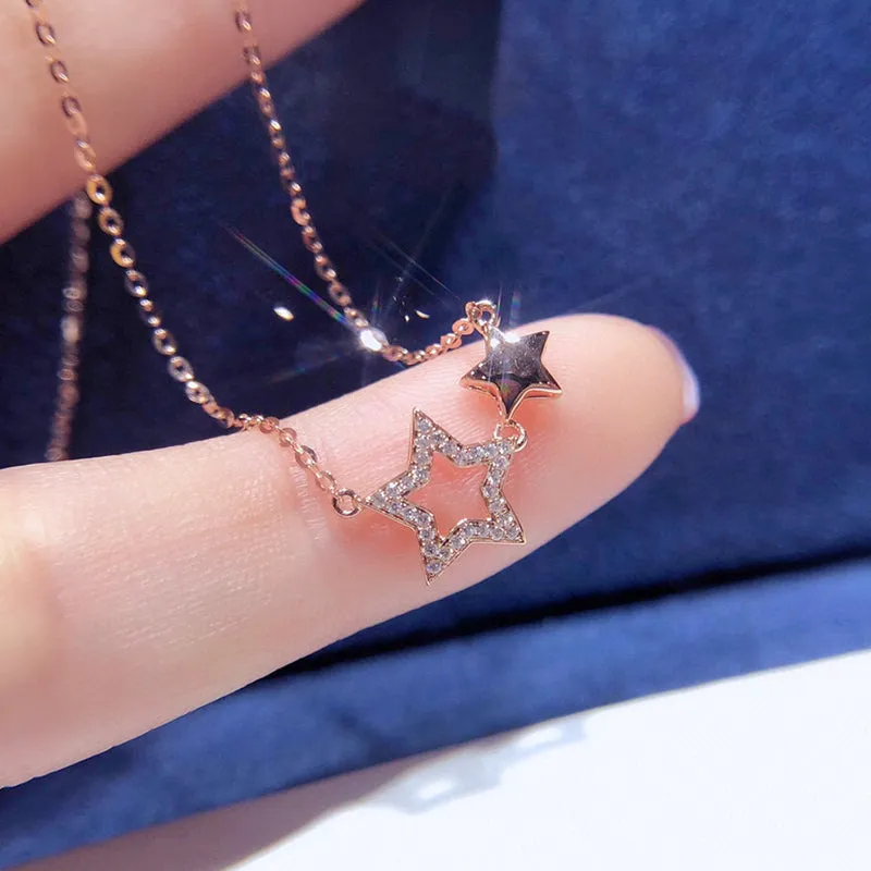 18K Gold Fashion Shiny Star Necklace Exclusively Handcrafted 0.11 Carat Natural Diamond (H-F Color, VS1-VS2 Clarity)