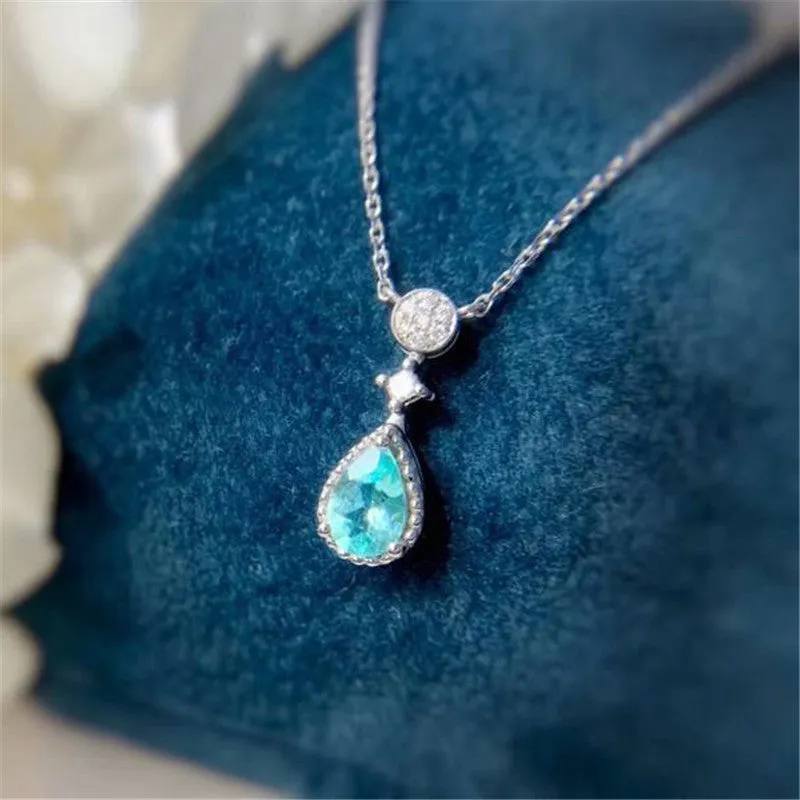 18K Gold Pear Cut Natural Paraiba Diamond 0.085ct Pendant Necklace