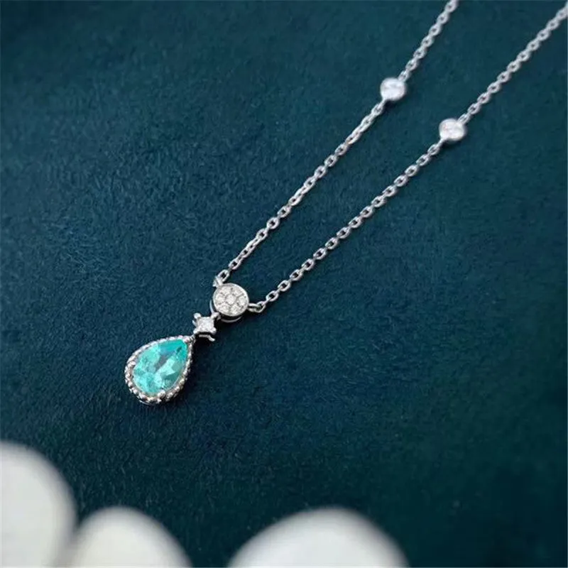 18K Gold Pear Cut Natural Paraiba Diamond 0.085ct Pendant Necklace