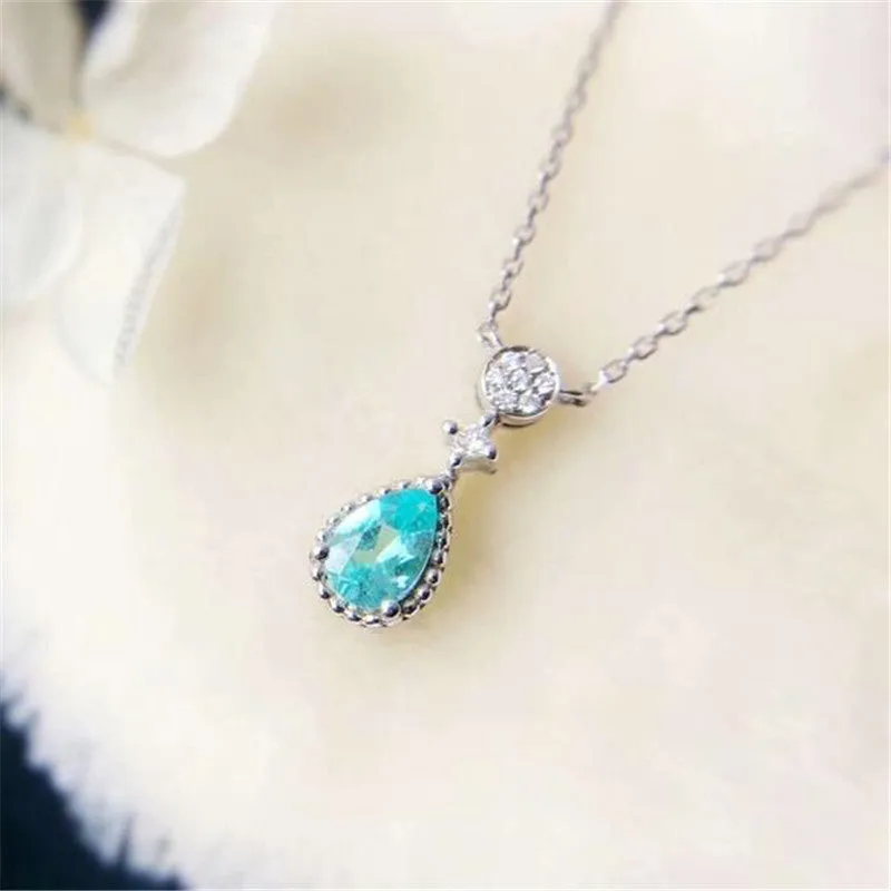 18K Gold Pear Cut Natural Paraiba Diamond 0.085ct Pendant Necklace