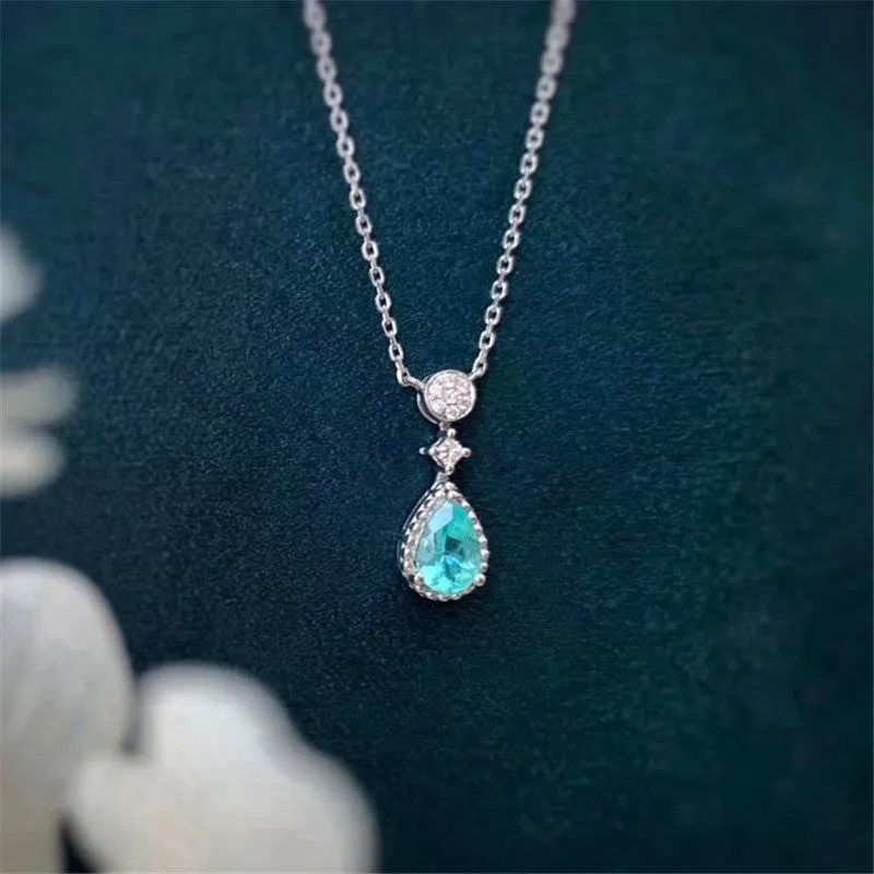 18K Gold Pear Cut Natural Paraiba Diamond 0.085ct Pendant Necklace