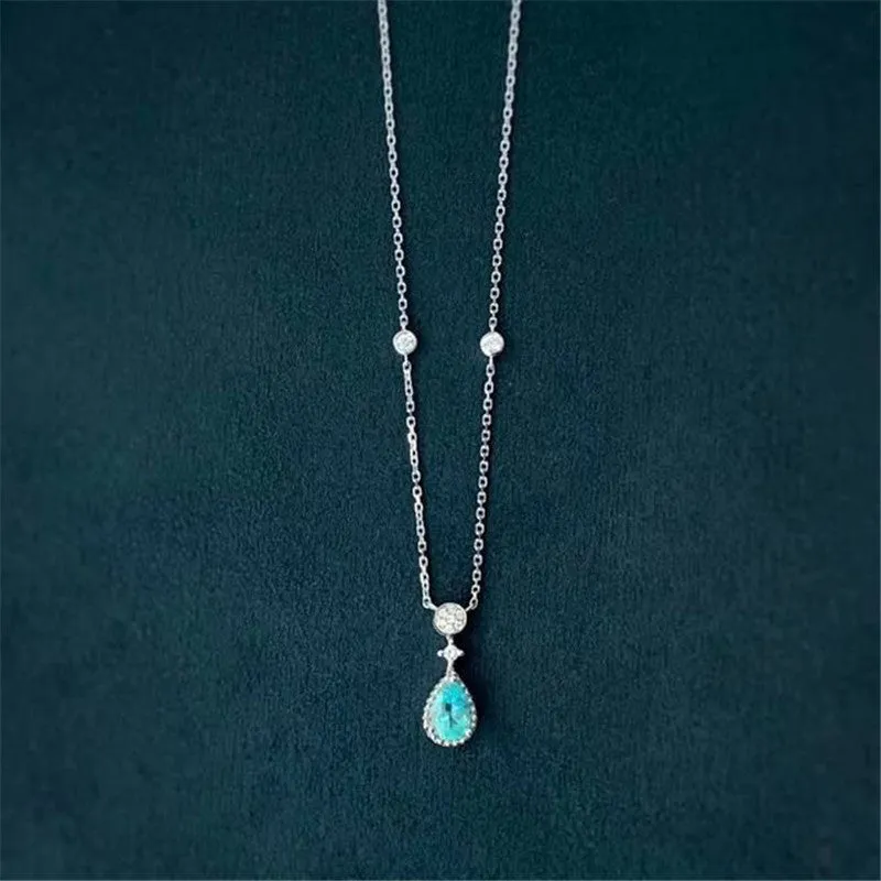 18K Gold Pear Cut Natural Paraiba Diamond 0.085ct Pendant Necklace