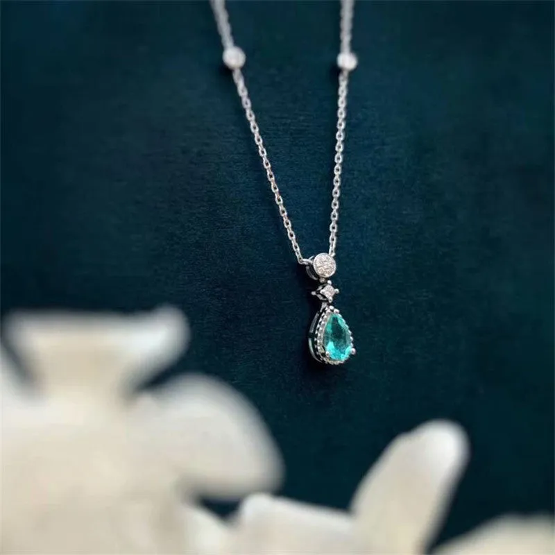 18K Gold Pear Cut Natural Paraiba Diamond 0.085ct Pendant Necklace