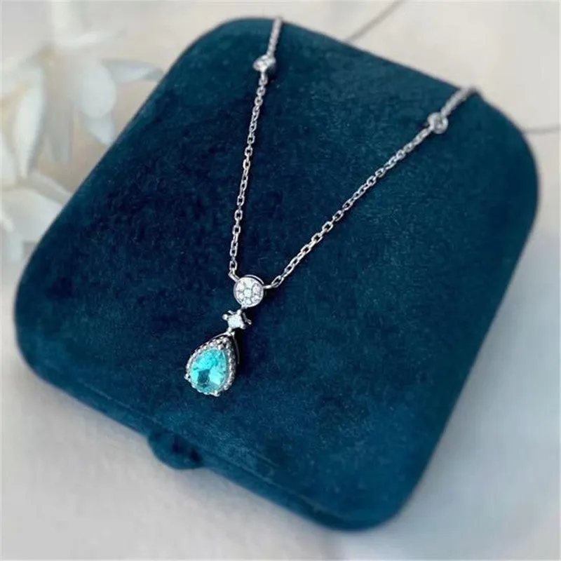 18K Gold Pear Cut Natural Paraiba Diamond 0.085ct Pendant Necklace
