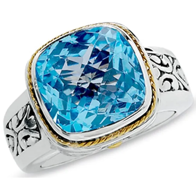 18K Gold Sterling Silver Cushion Blue Topaz Ring (4.5.cts.tw)
