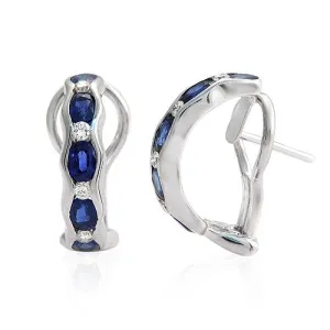 18k White Gold Oval Blue Sapphire Diamond Huggie Earrings