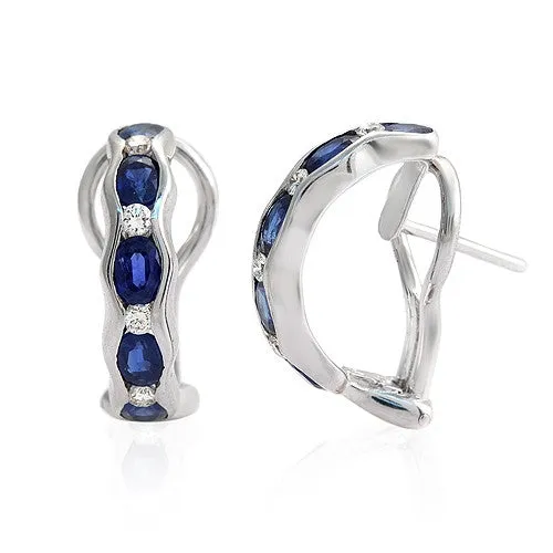 18k White Gold Oval Blue Sapphire Diamond Huggie Earrings