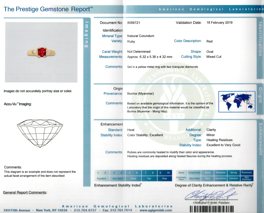 18K Yellow Gold 1.2 Carat Burma Ruby AGL Certified