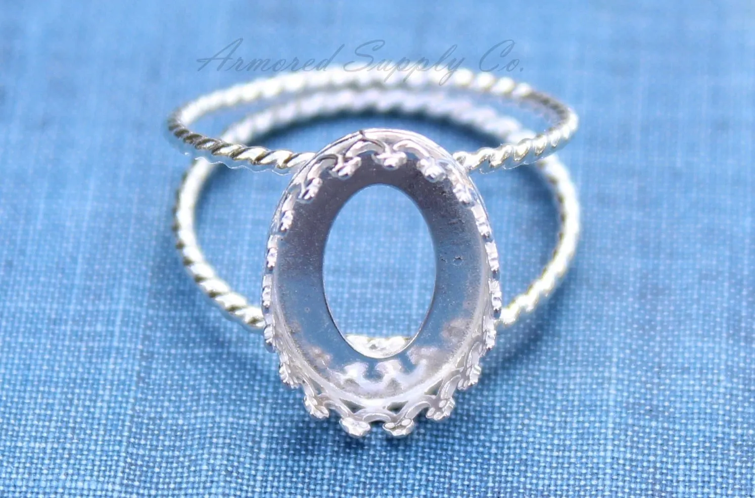 18x13mm Oval Crown Bezel Silver Double Rope Band Ring blank