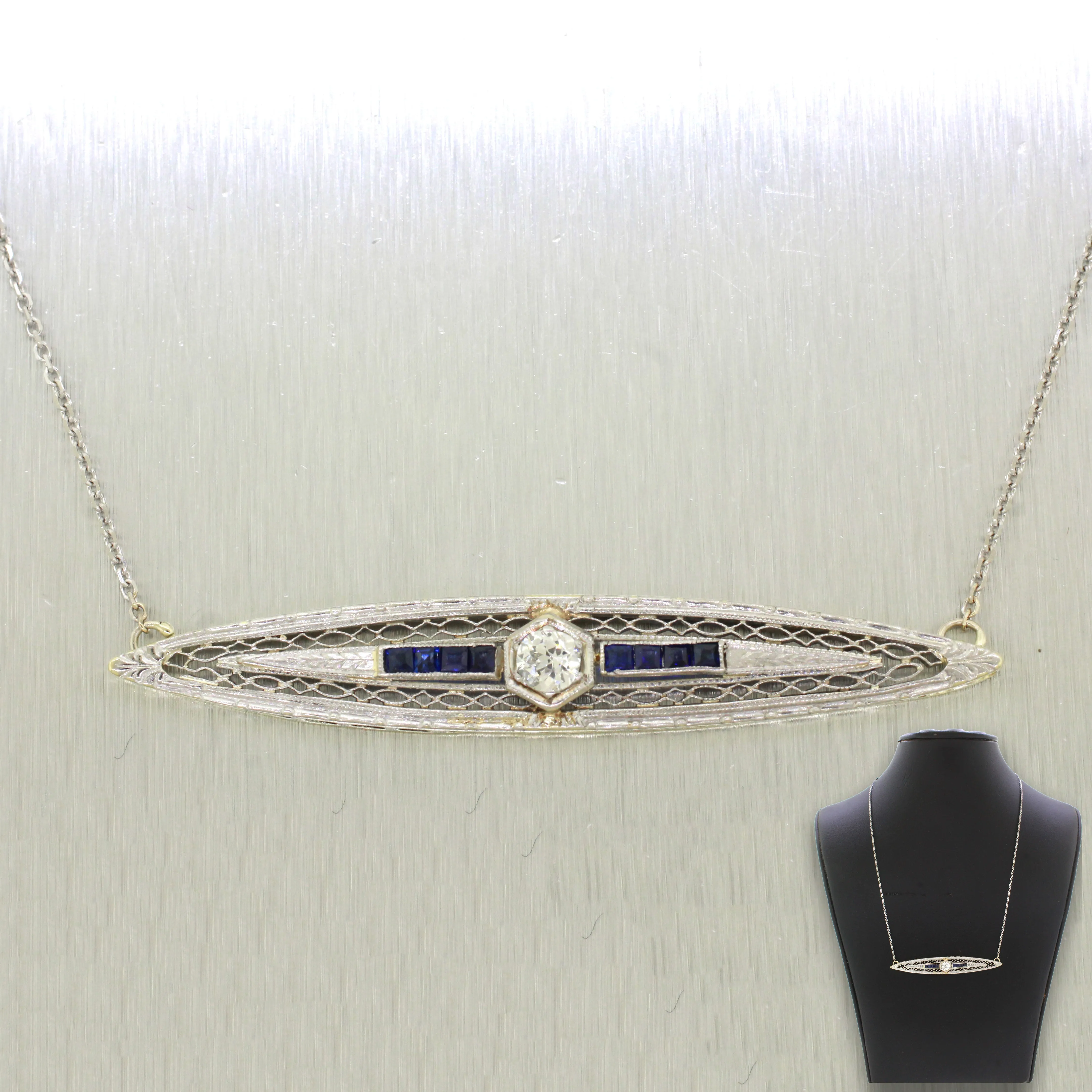 1920s Antique Art Deco 14k Gold 0.25ct Diamond & Sapphire Bar Necklace - 20"