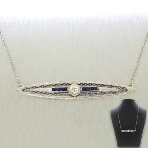 1920s Antique Art Deco 14k Gold 0.25ct Diamond & Sapphire Bar Necklace - 20"