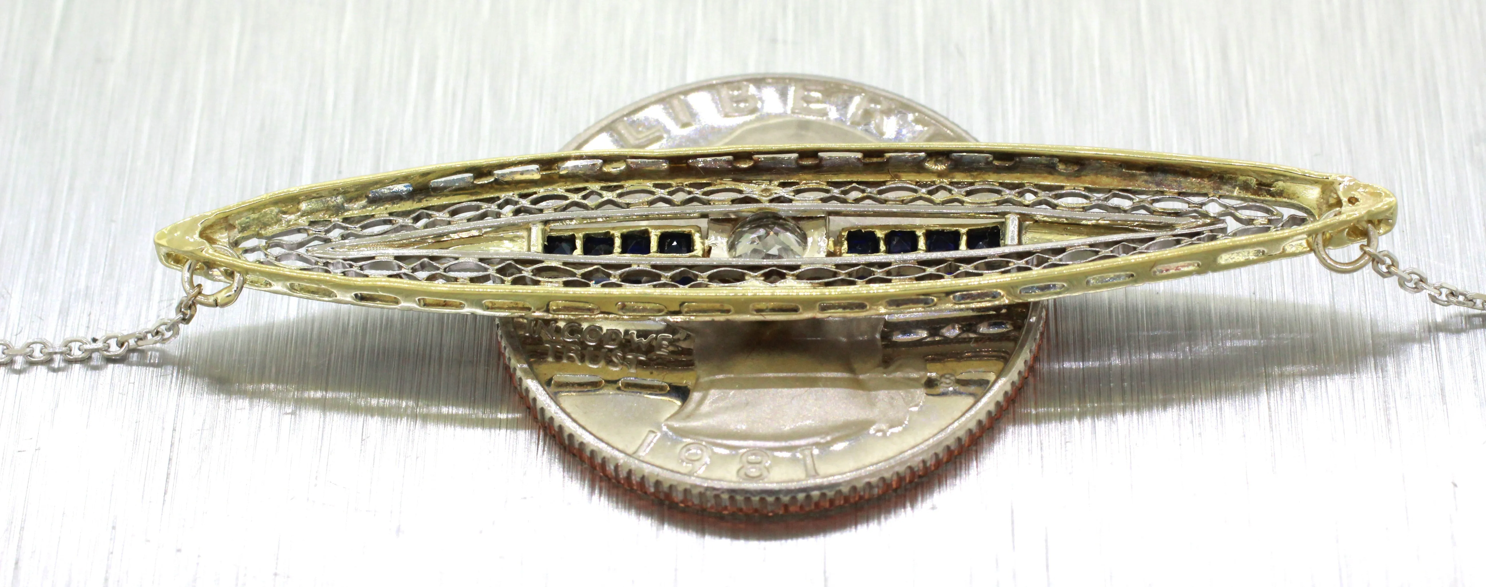 1920s Antique Art Deco 14k Gold 0.25ct Diamond & Sapphire Bar Necklace - 20"