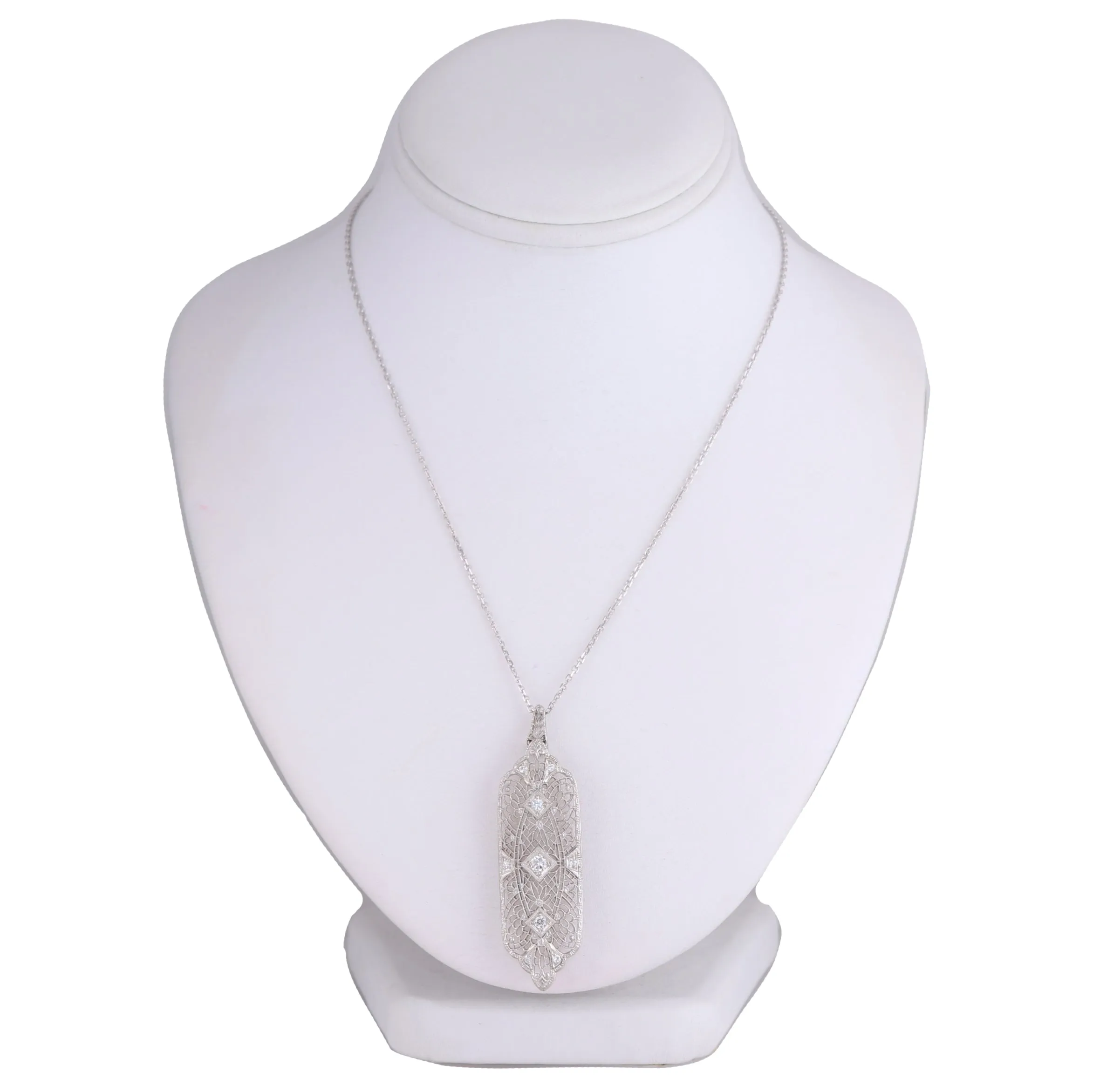 1920's Antique Art Deco 14k White Gold 0.52ctw Diamond Filigree 22" Necklace