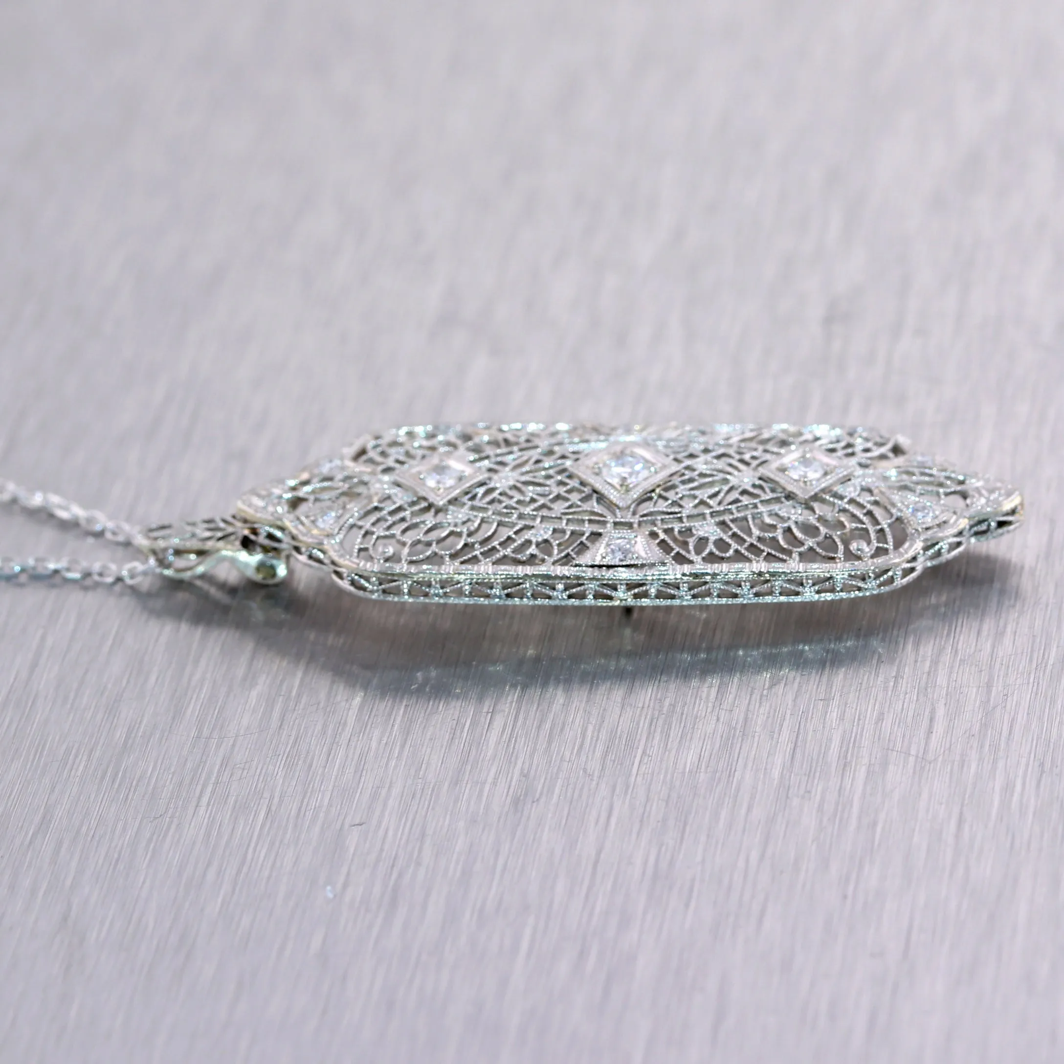 1920's Antique Art Deco 14k White Gold 0.52ctw Diamond Filigree 22" Necklace
