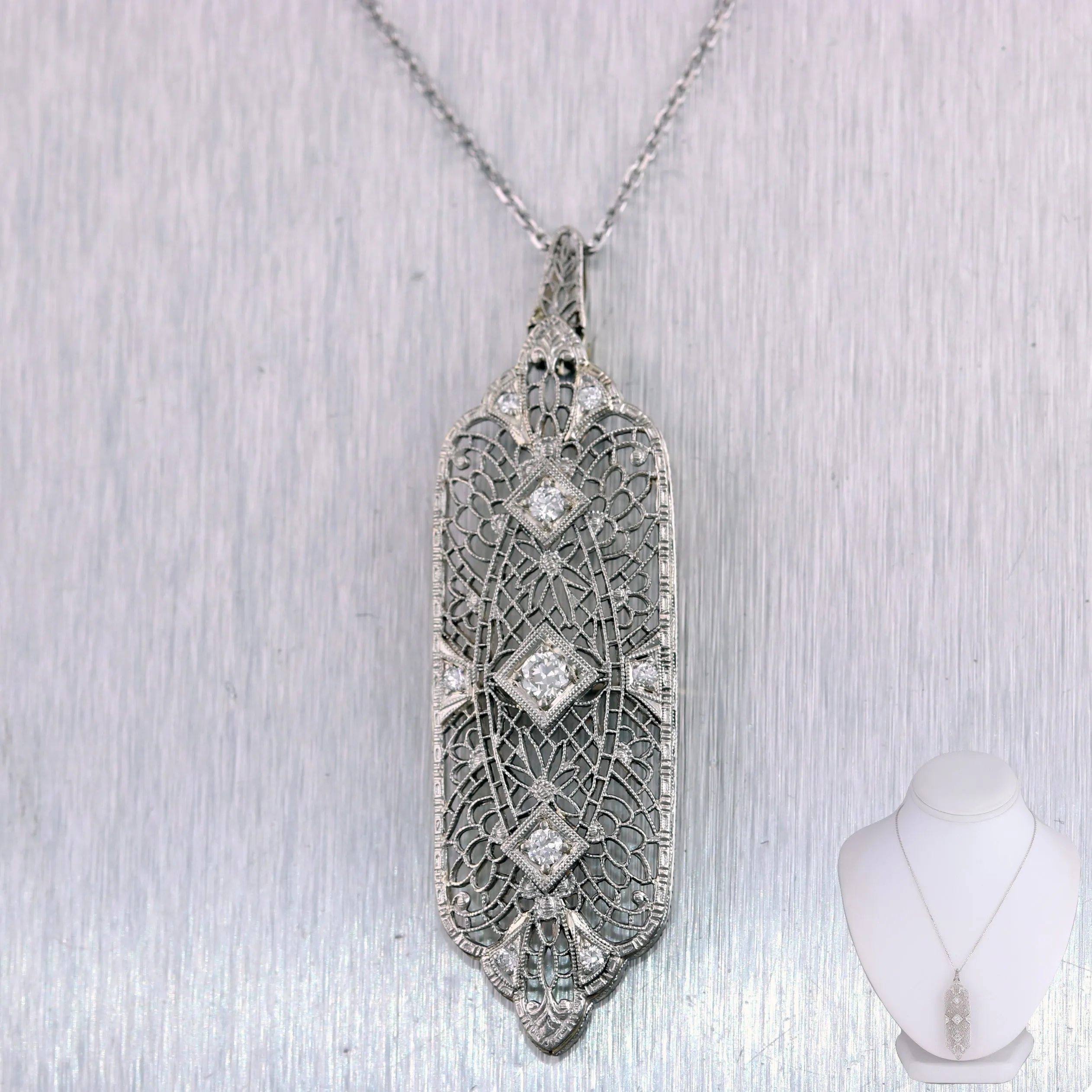 1920's Antique Art Deco 14k White Gold 0.52ctw Diamond Filigree 22" Necklace