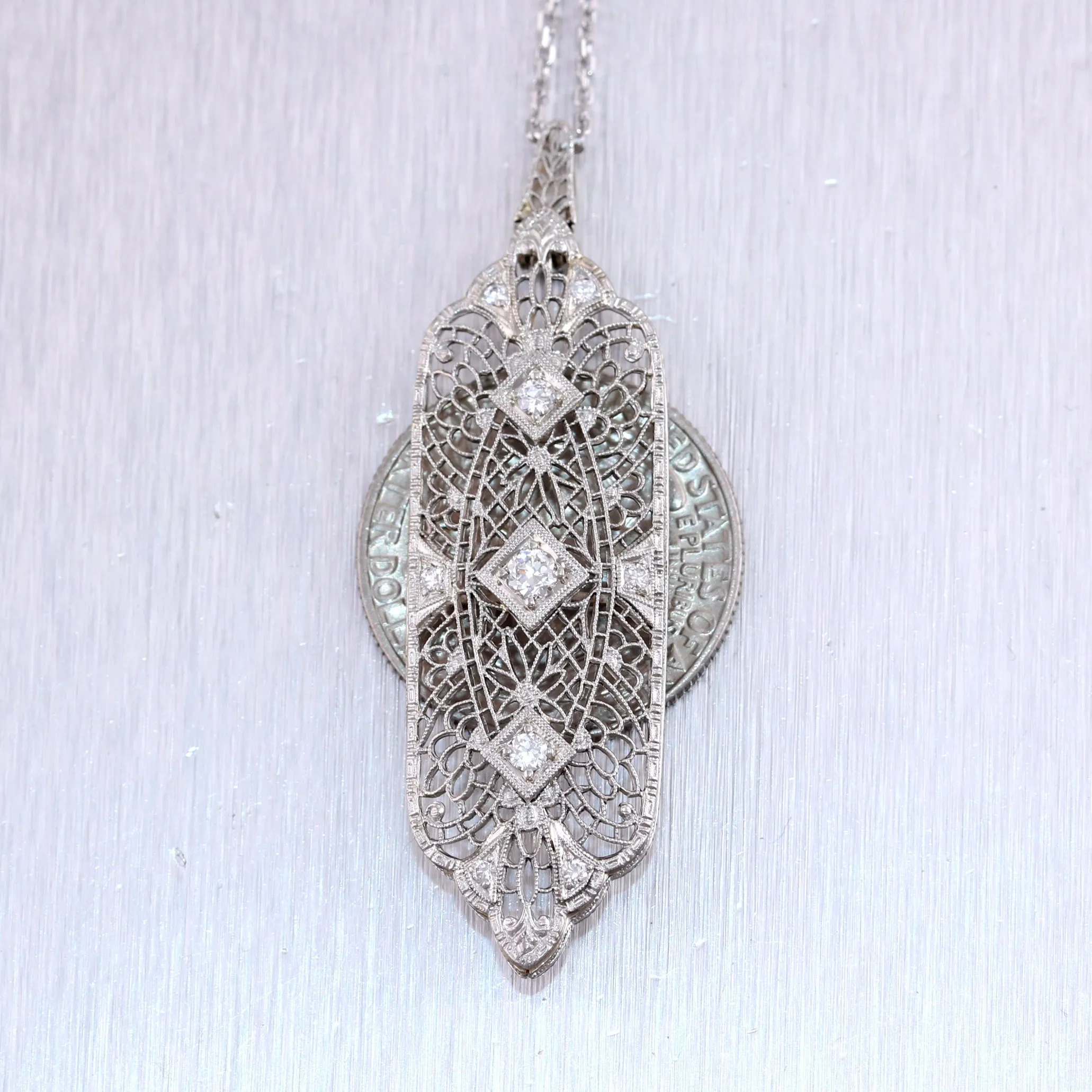 1920's Antique Art Deco 14k White Gold 0.52ctw Diamond Filigree 22" Necklace