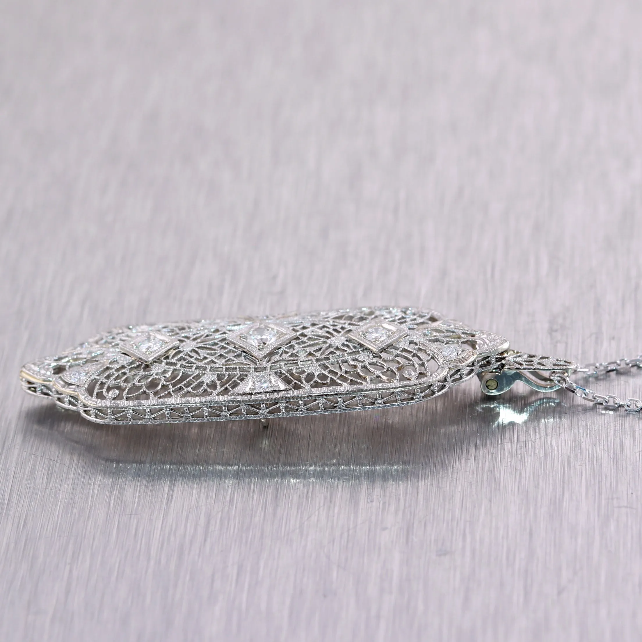 1920's Antique Art Deco 14k White Gold 0.52ctw Diamond Filigree 22" Necklace