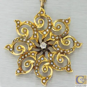 1920s Antique Art Deco Nouveau 14k Yellow Gold Diamond Seed Pearl Pendant