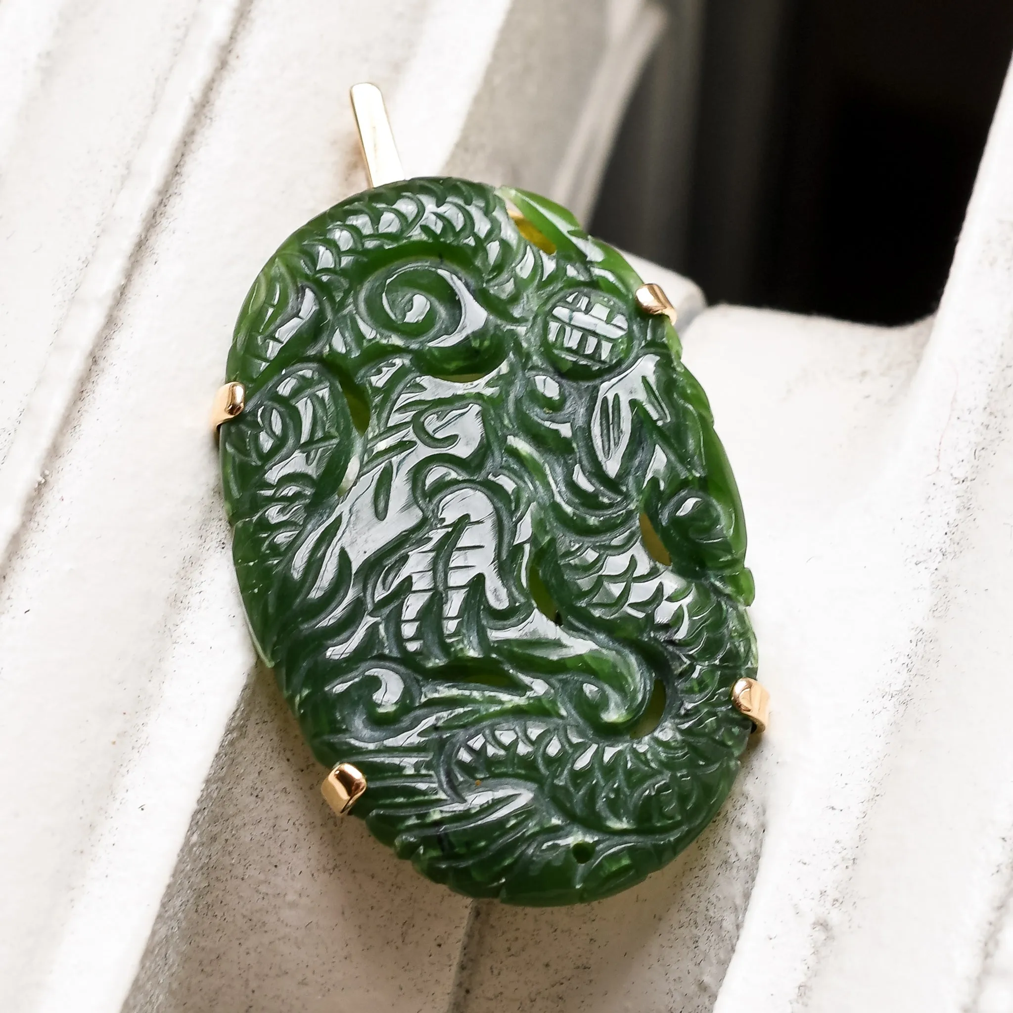 19th Century Carved Jade Dragon & Poppy Pendant