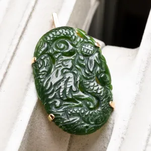19th Century Carved Jade Dragon & Poppy Pendant