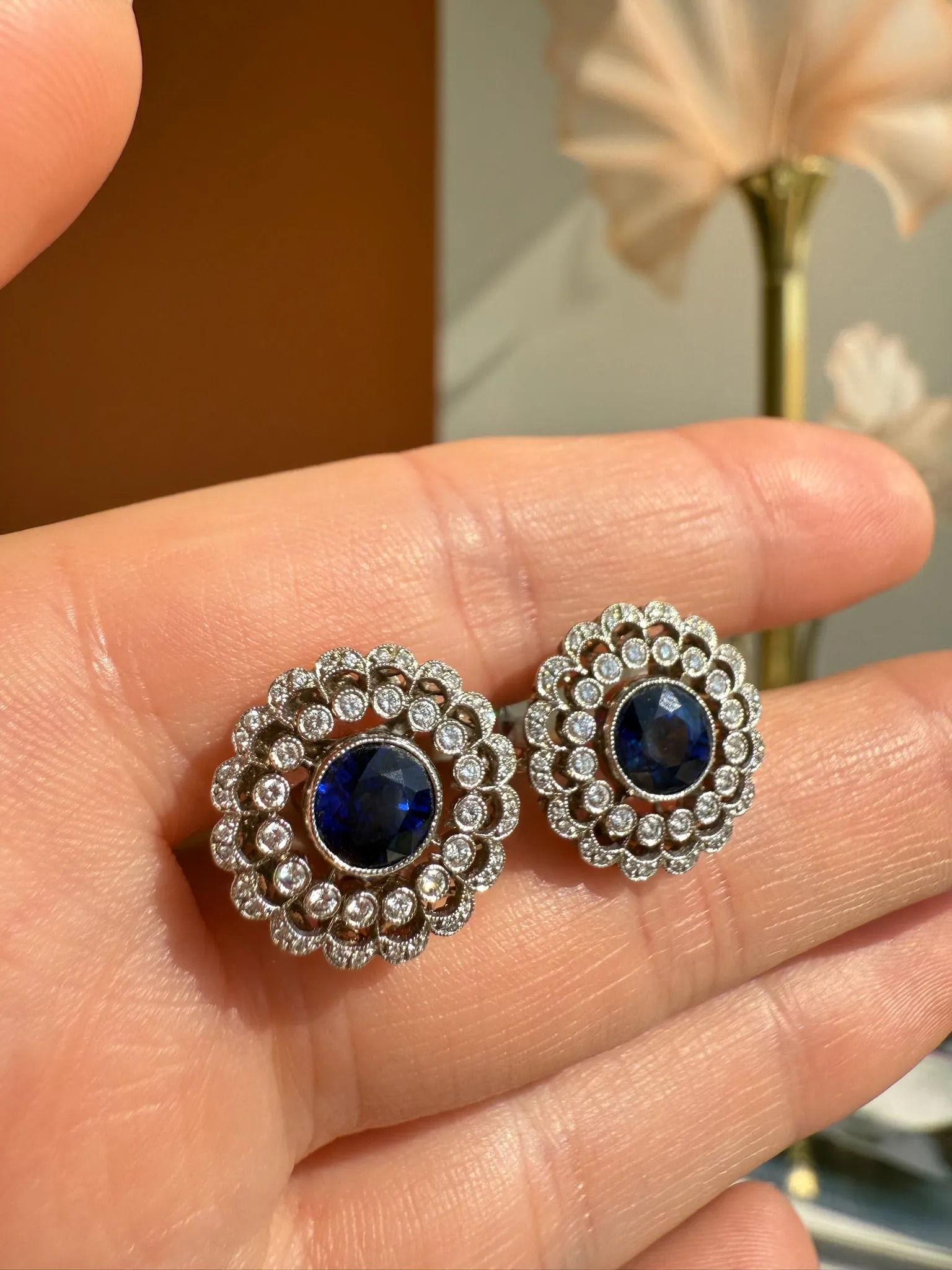 2.00ctw Diamond & 1.50ctw Blue Sapphire Cluster Earrings, 14k
