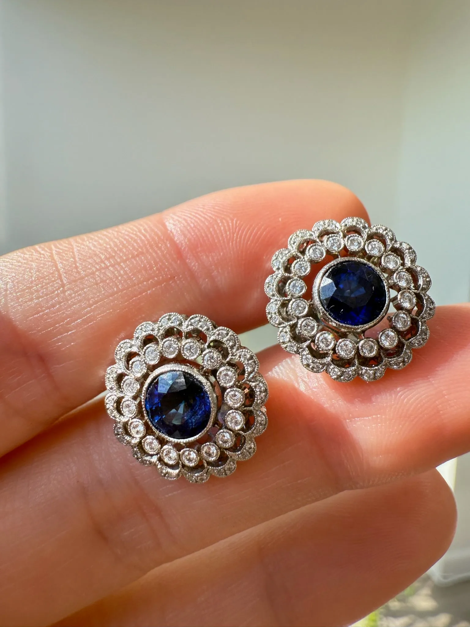 2.00ctw Diamond & 1.50ctw Blue Sapphire Cluster Earrings, 14k
