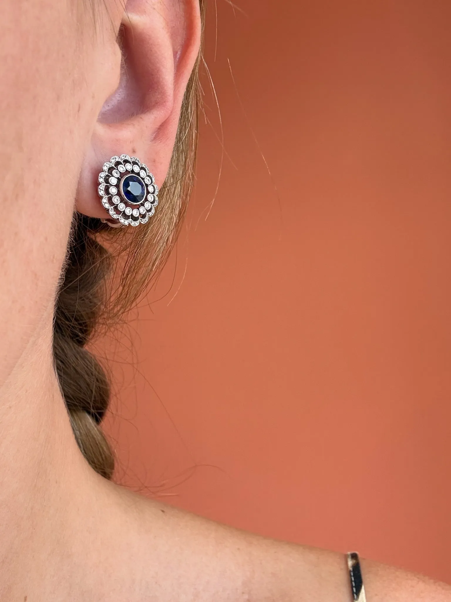 2.00ctw Diamond & 1.50ctw Blue Sapphire Cluster Earrings, 14k