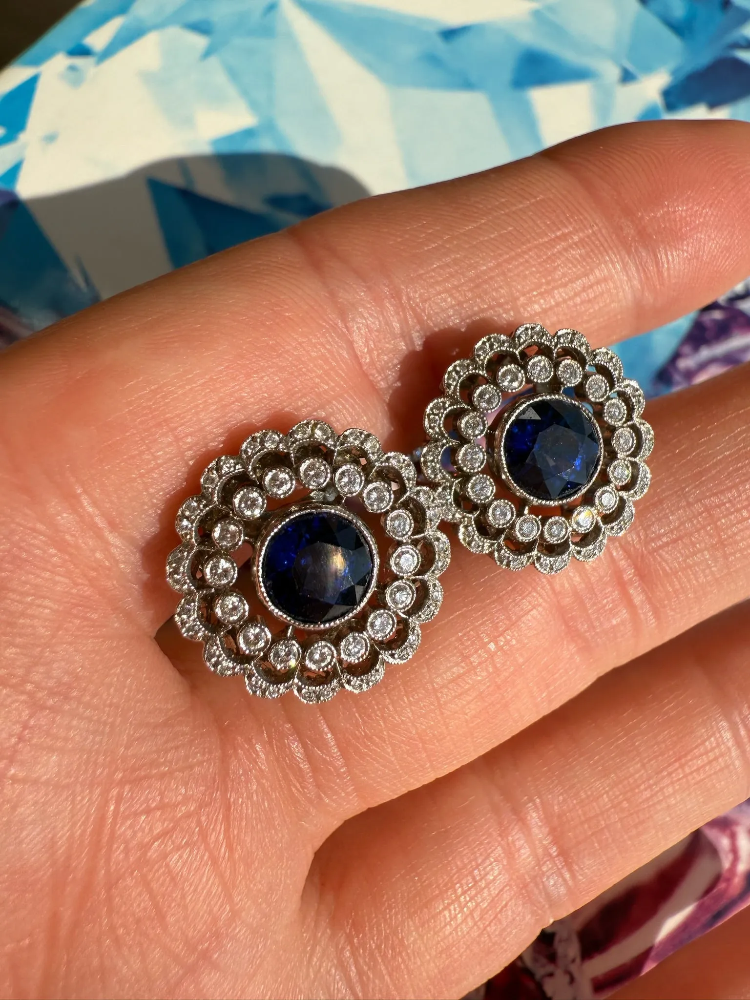 2.00ctw Diamond & 1.50ctw Blue Sapphire Cluster Earrings, 14k