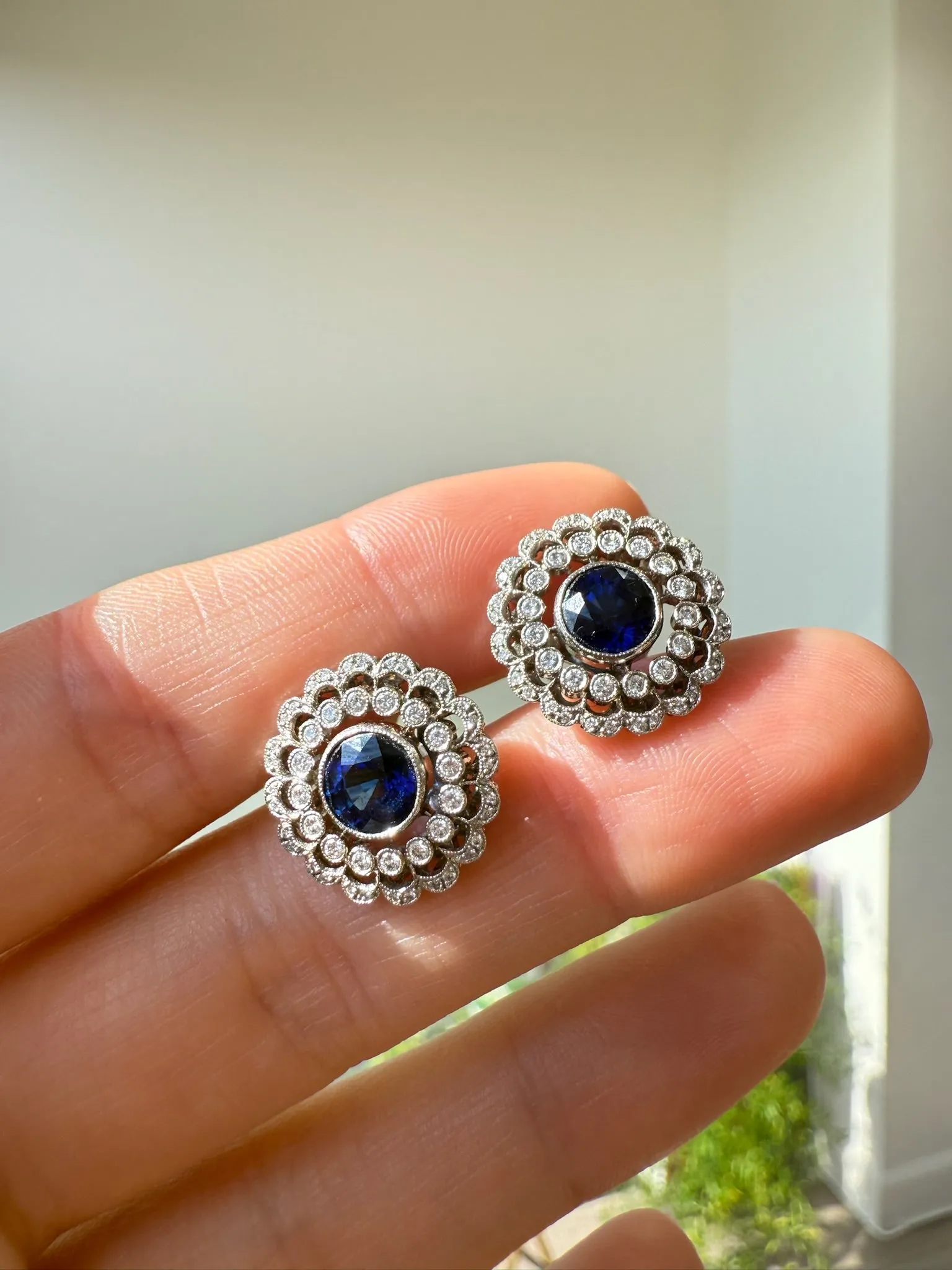 2.00ctw Diamond & 1.50ctw Blue Sapphire Cluster Earrings, 14k