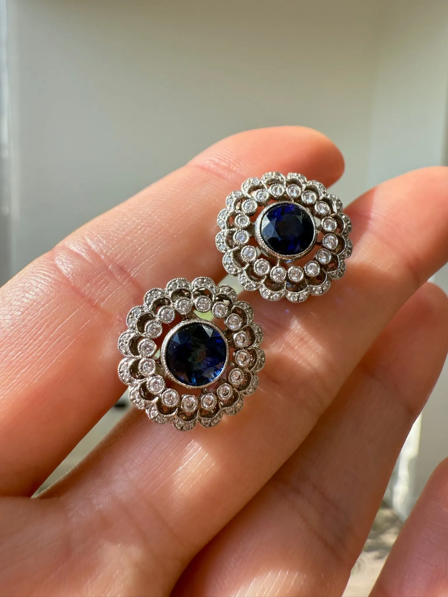 2.00ctw Diamond & 1.50ctw Blue Sapphire Cluster Earrings, 14k