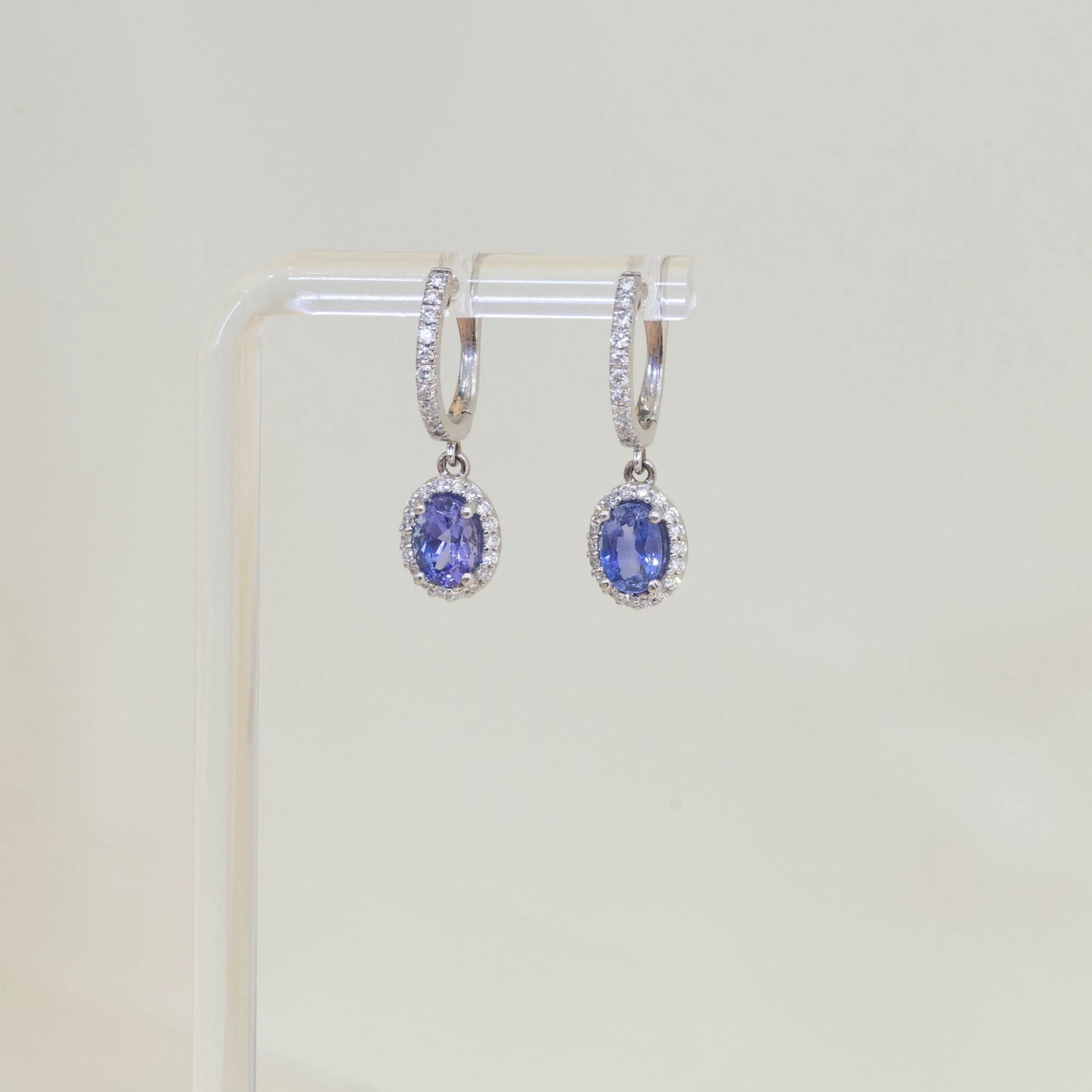 2.02ctw Oval Sapphire Halo Dangle Earrings