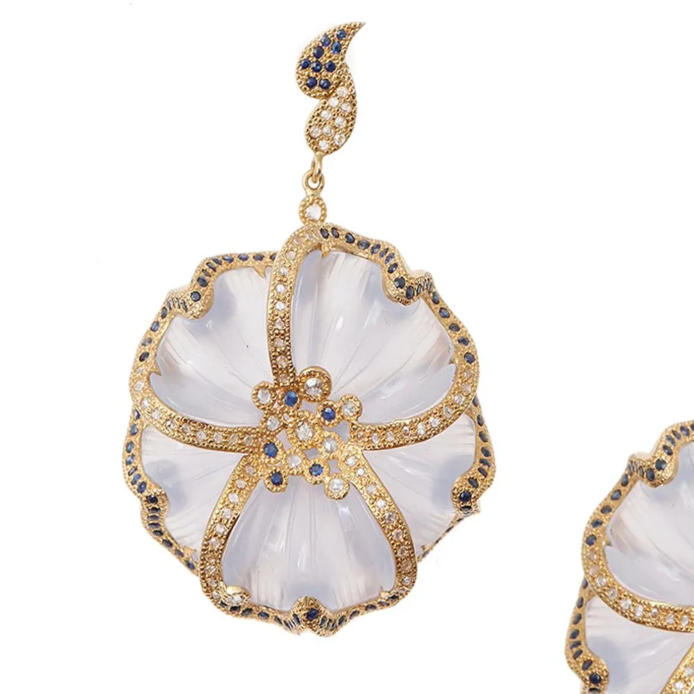 20K Affinity Carved Chalcedony Flower Drop Earrings