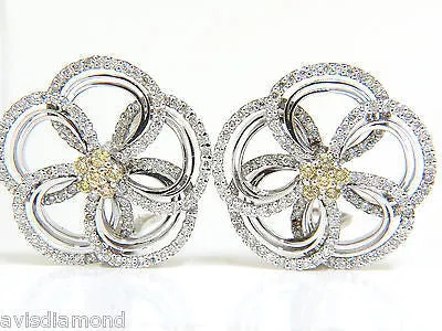 2.40CT NATURAL YELLOW DIAMONDS 3D FLOWER CLUSTER  EARRINGS 14KT