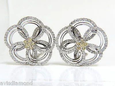2.40CT NATURAL YELLOW DIAMONDS 3D FLOWER CLUSTER  EARRINGS 14KT