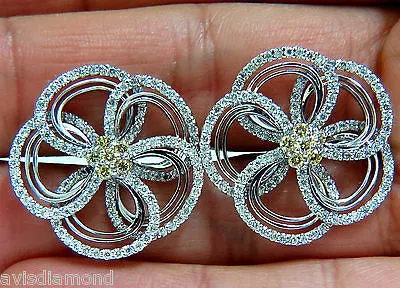 2.40CT NATURAL YELLOW DIAMONDS 3D FLOWER CLUSTER  EARRINGS 14KT