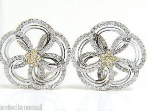2.40CT NATURAL YELLOW DIAMONDS 3D FLOWER CLUSTER  EARRINGS 14KT