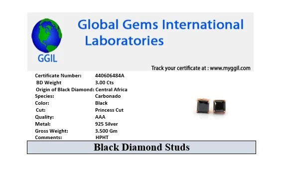 3 Ct AAA Certified Princess Cut Black Diamond Solitaire Studs in Rose Gold Finish, Great Sparkle with Elegant Look