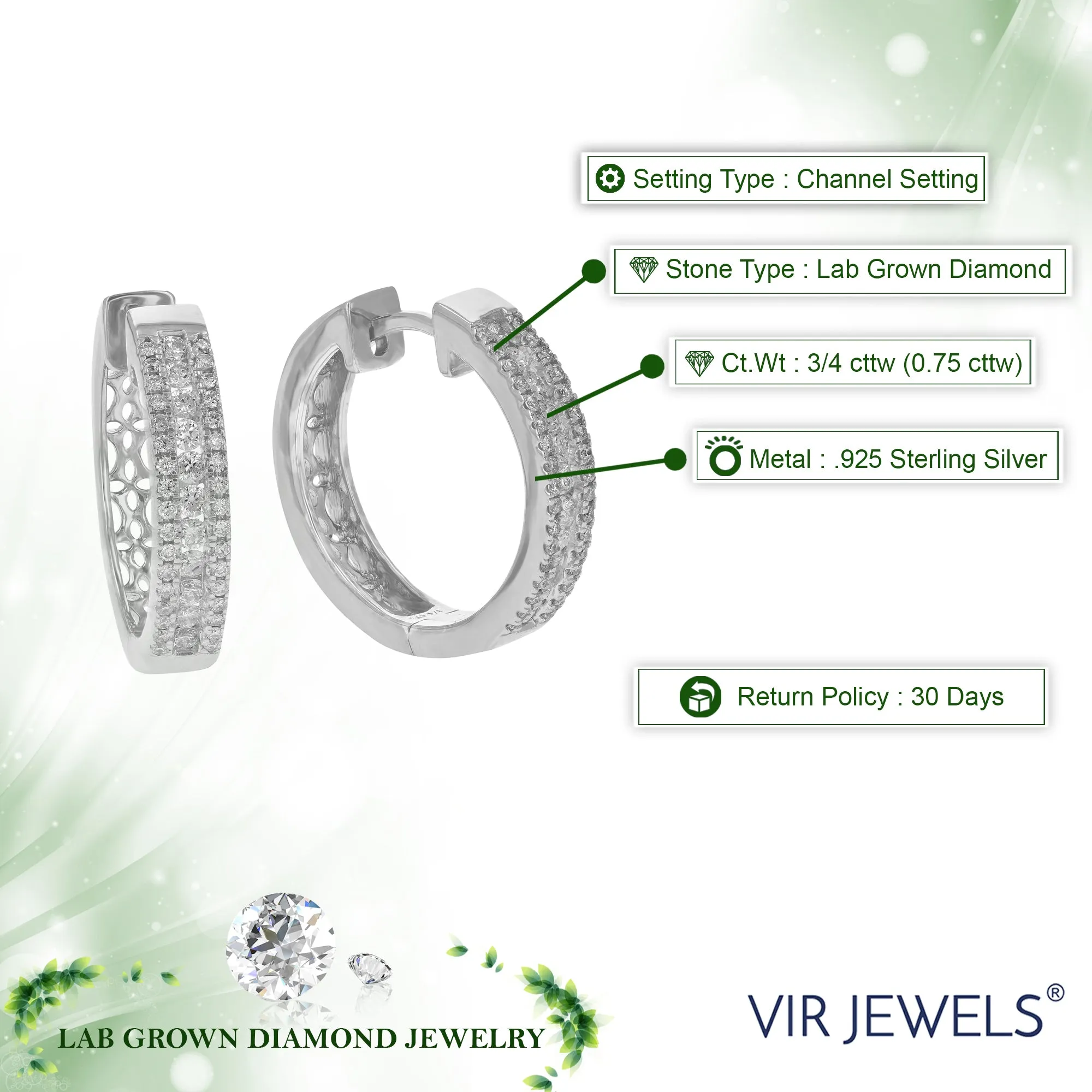 3/4 cttw Lab Grown Diamond Three Row Channel Hoop Earring