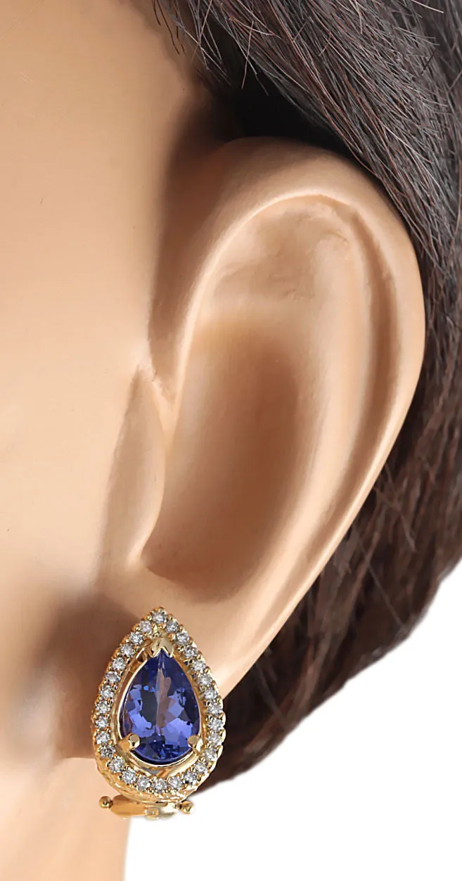 3.62 Carat Natural Tanzanite 14K Yellow Gold Diamond Earrings