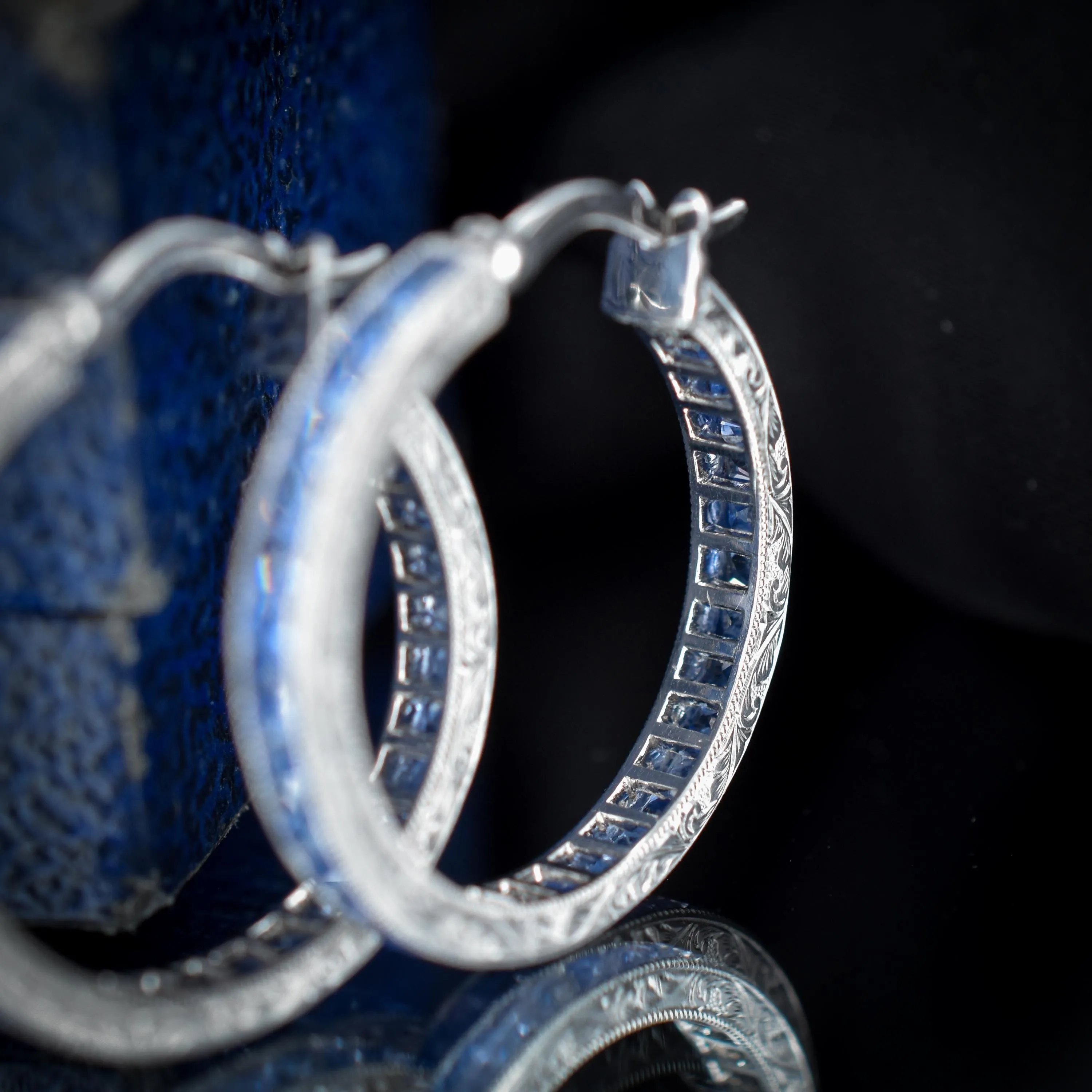 3.6ct Ceylon Blue Sapphire Hoop Engraved Platinum Earrings