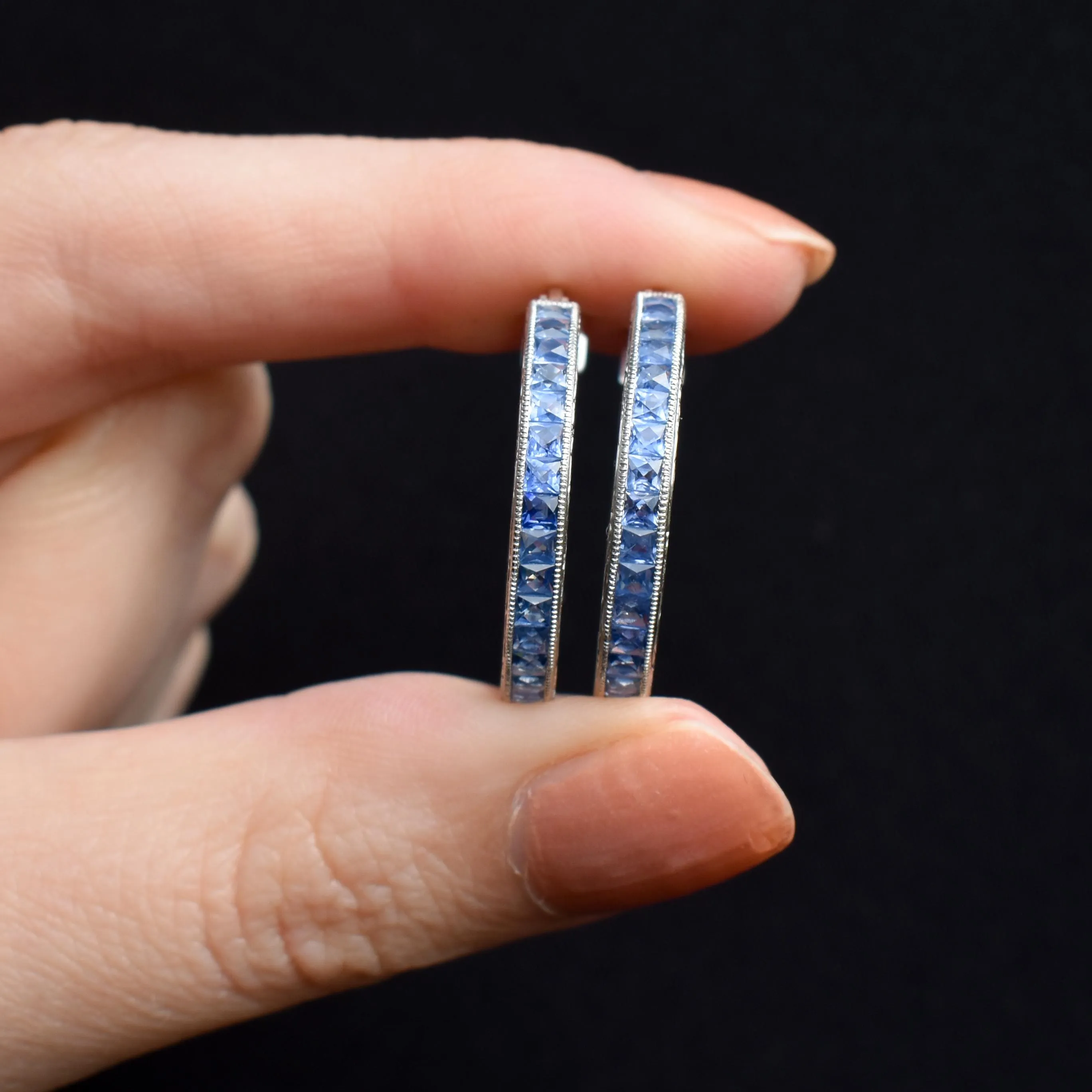 3.6ct Ceylon Blue Sapphire Hoop Engraved Platinum Earrings