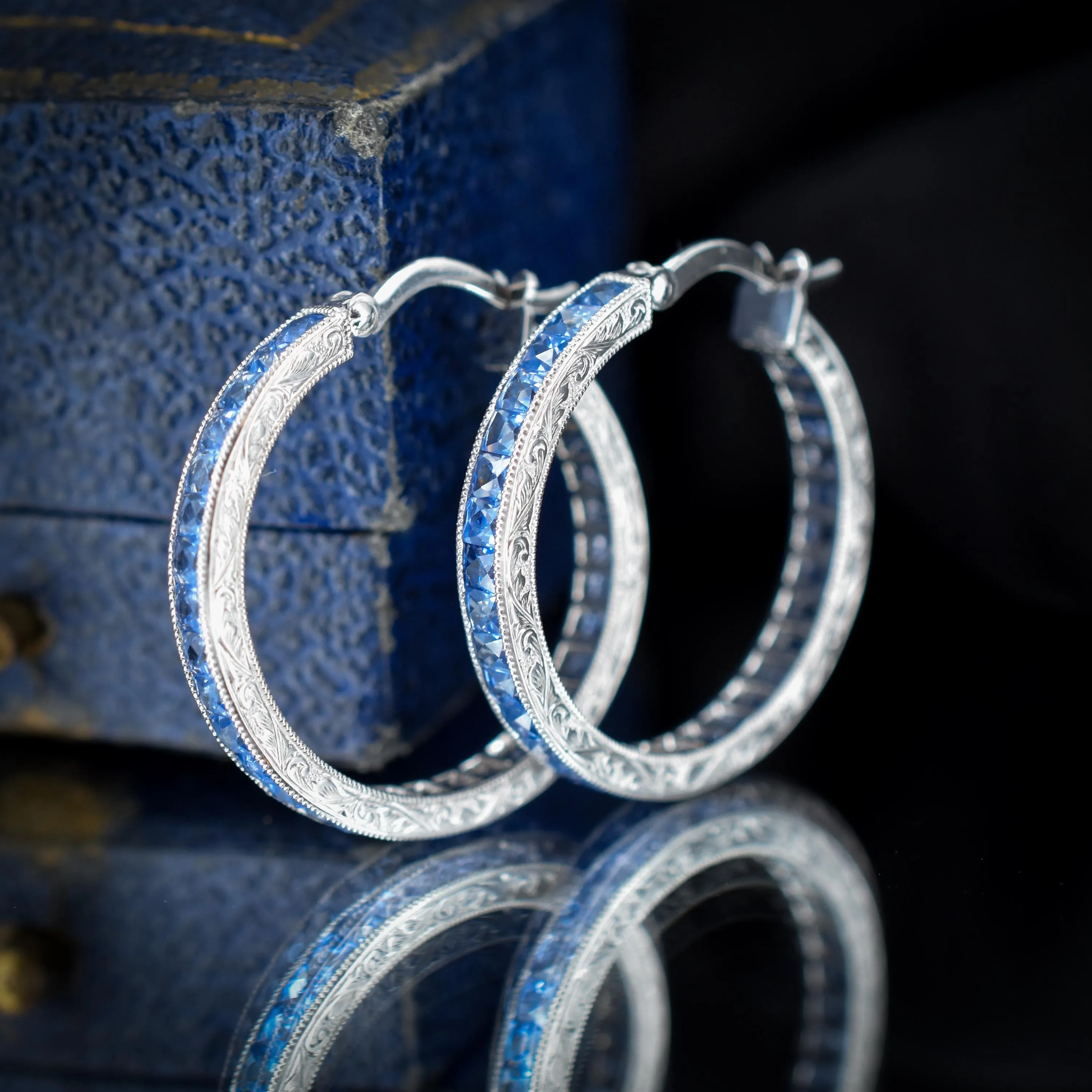 3.6ct Ceylon Blue Sapphire Hoop Engraved Platinum Earrings