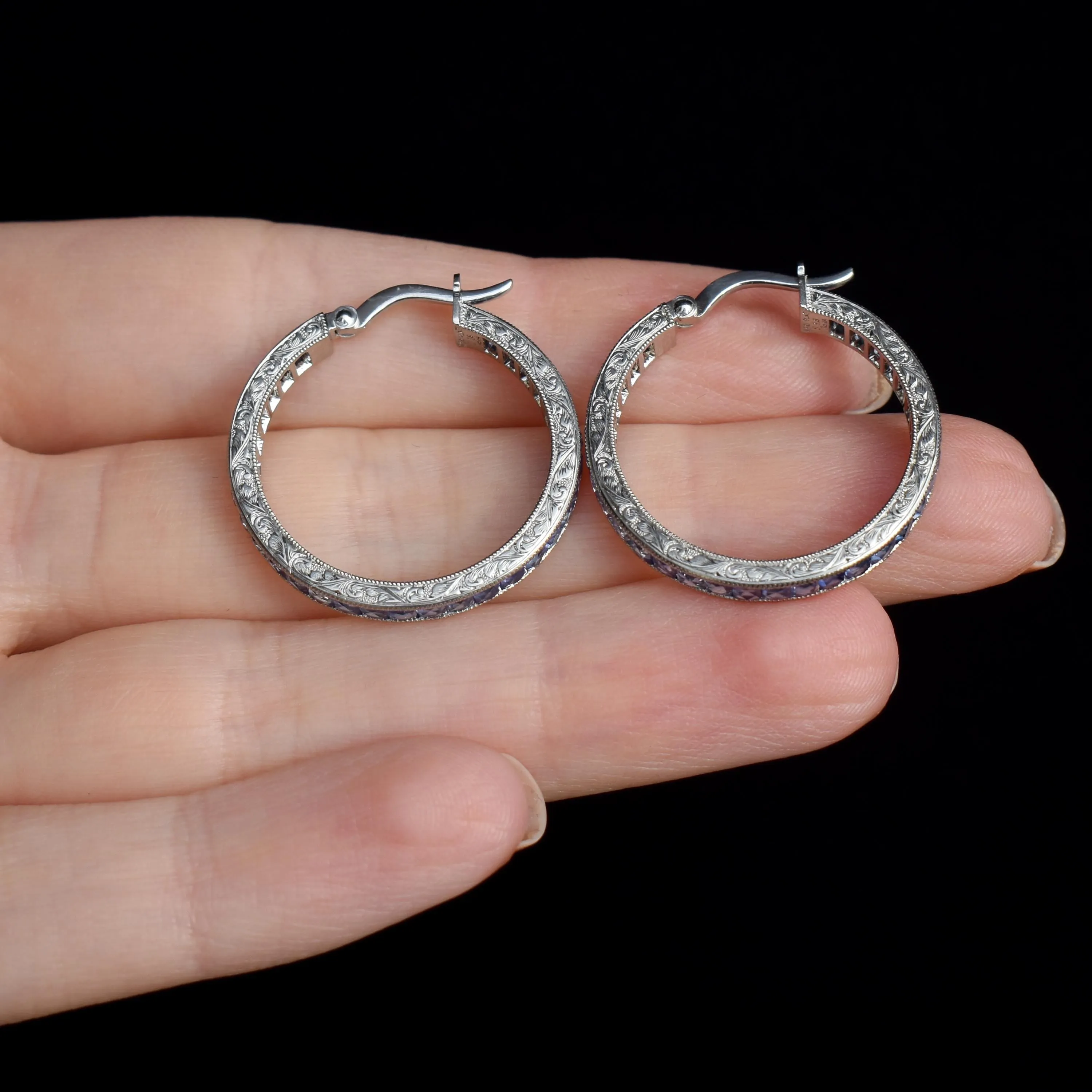 3.6ct Ceylon Blue Sapphire Hoop Engraved Platinum Earrings