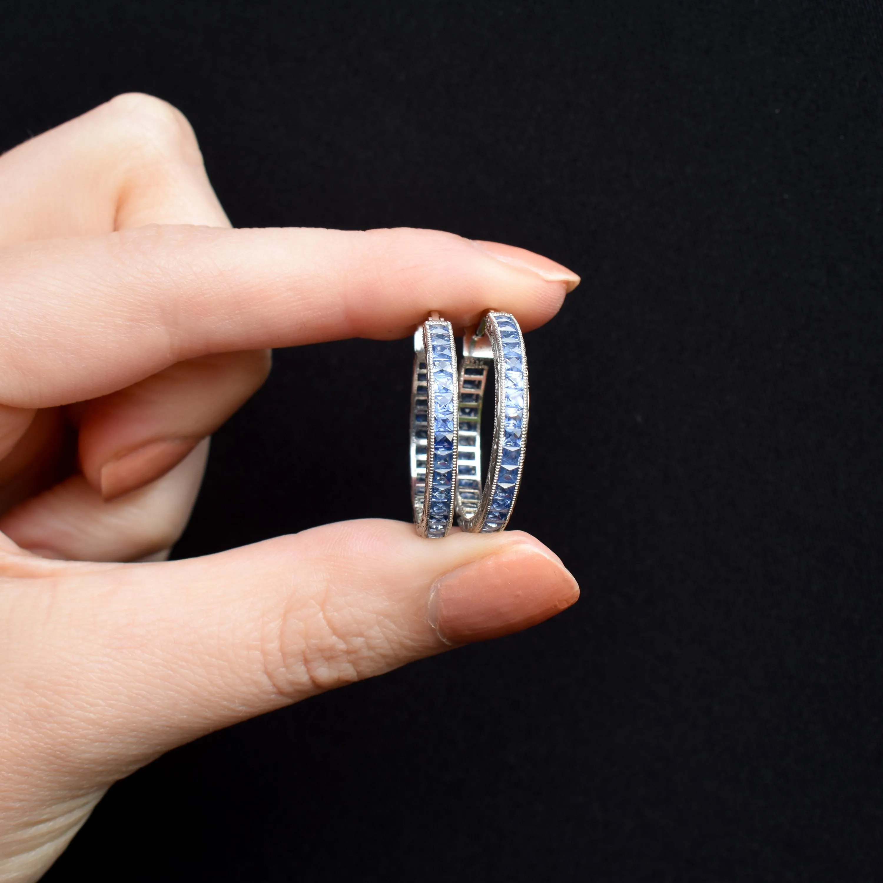 3.6ct Ceylon Blue Sapphire Hoop Engraved Platinum Earrings